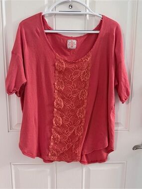 Free People Blouse L | Orange Lace Detail Cotton